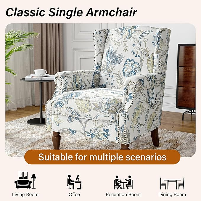 Floral Wingback Accent Chair Set of 2, High Back Upholstered Armchair, Comfy Fabric Wingback Arms Chairs with Retro Solid Wood Legs, Single Sofa Reading Chair for Bedroom Living Room, Plants Blue