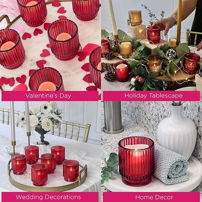 Kate Aspen Vintage Ribbed Red Glass Candle Holders Set of 6 - Votive & Tealight Candle Holder Decor for Holiday Table Decor, Christmas Dining Tablescape, Fall & Boho Home Accents (27206RD)