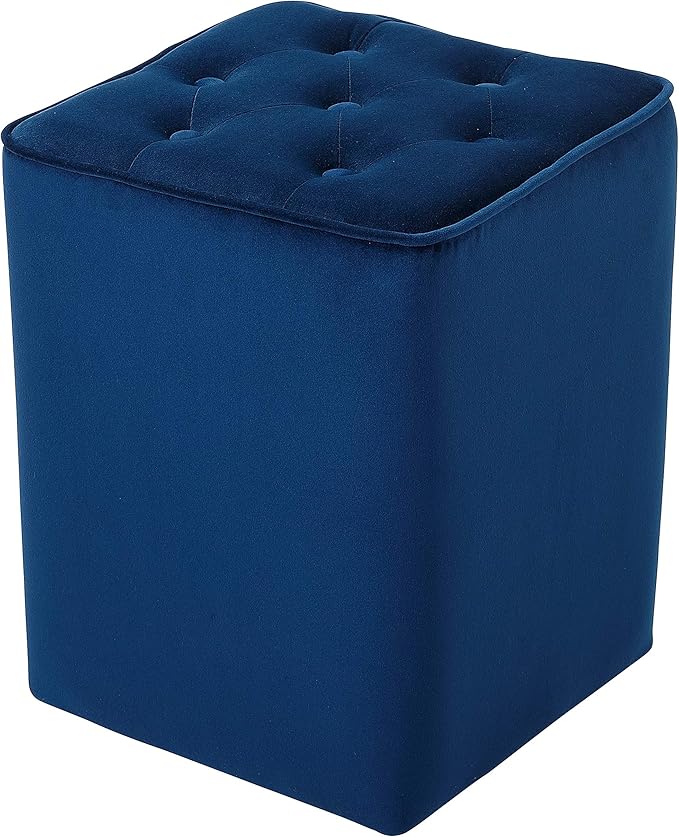 BIRDROCK HOME Tufted Navy Velvet Ottoman Foot Stool - Square - Soft Compact Padded Stool - Great for The Living Room, Bedroom and Kids Room - Upholstered Small Furniture