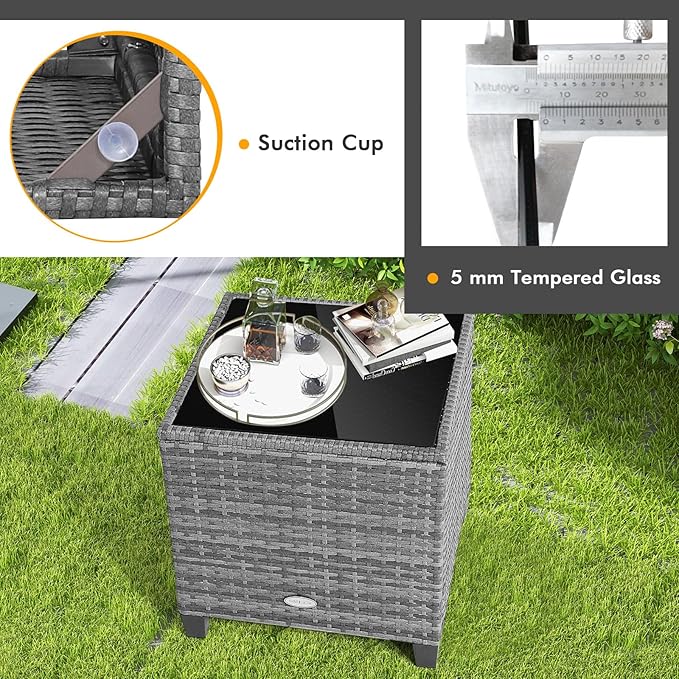 Tangkula 3 Pieces Patio Furniture Set, Outdoor PE Rattan Conversation Chair Set with Tempered Glass Side Table and Removable Cushions, PE Wicker Chairs and Table Set for Porch, Balcony and Garden