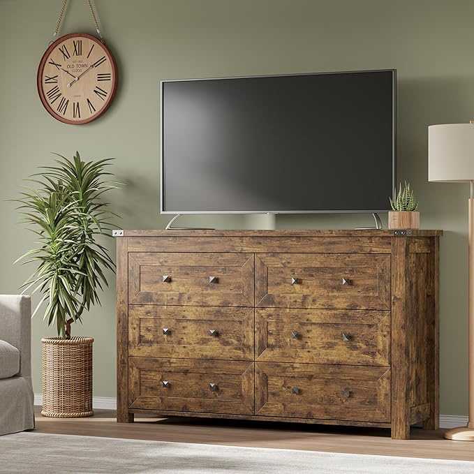 6-Drawer Dresser, Modern Wooden Storage Chest of Drawers, Dresser TV Stand, Wood Drawer Organizer with Metal Handles for Bedroom, Living Room, Hallway