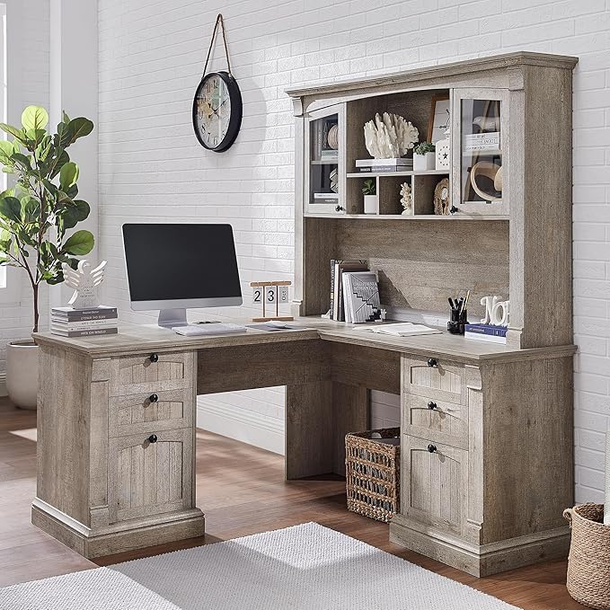 OKD Farmhouse Hutch for 60" Executive Desk, Office Desk Storage Cabinet with Glass Doors and Shelves, Top Hutch Organizer for Home Office - Light Rustic Oak