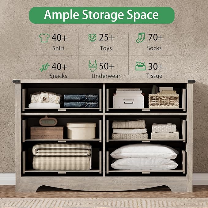 Dresser for Bedroom with 6 Drawers, 48" Wide Wood Chest of Drawers with Deep Drawers & Mental Handle, Modern Dresser TV Stand, Wooden Closet Storage Organizer for Living Room, Hallway, Entryway, Grey