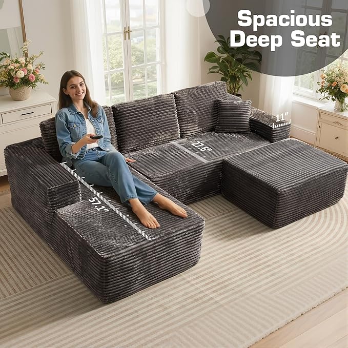 106" Cloud Sectional Couch with L-Shape Chaise & Ottoman, No Assembly Modular Sofa, Deep Seat Plush Corduroy Boneless Couched for Living Room (Gray Plush Corduroy, Left Facing Chaise with Ottoman)