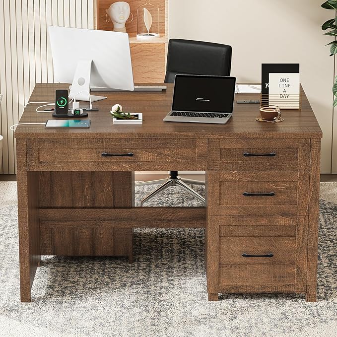 Vabches Farmhouse 47" Executive Desk, Computer Desk with File Drawer and Charging Station, Workstation for Home Office, Study.Red-Brown.