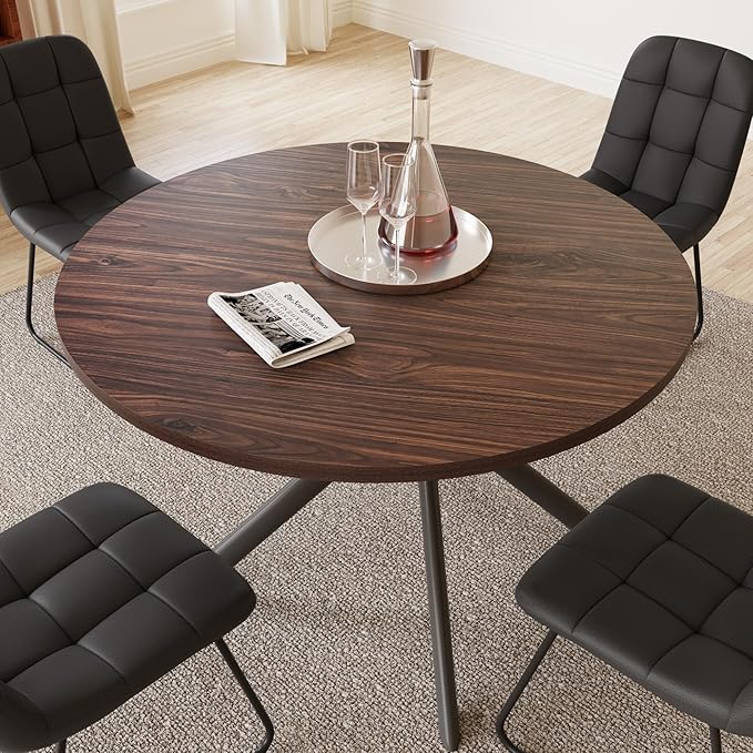 45.3 Inch Round Dining Table Set for 4, Mid Century Modern MDF Coffee Set for Dining Room Kitchen Apartment (Dark Walnut Table + 4 U-Shaped Black Chairs)