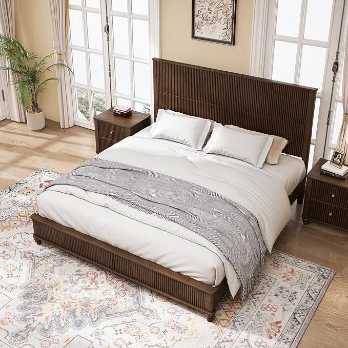 King Size Solid Wood Platform Bed Frame, Solid Wood Bed with 79.13" Headboard, Solid Wood Leg/No Box Spring Needed/Noise Free/Brown