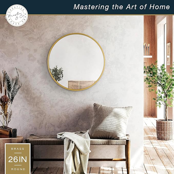 MCS Master & Co. 26in Round Brass Black Mirror, Modern Wall Hanging Large Mirror for Bathroom, Bedroom & Livingroom