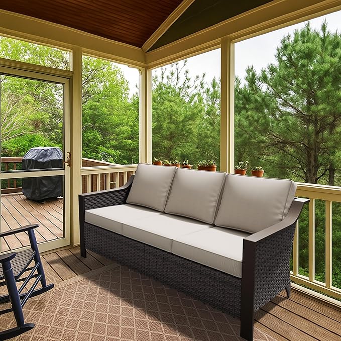 75" Patio Metal Wicker Sofa, 3-seat Deep Seat & Upholstered Couch, Outdoor All-Weather Rattan Loveseat with Washable Cushions, Steel Frame, Garden (Beige and Brown Stripe)