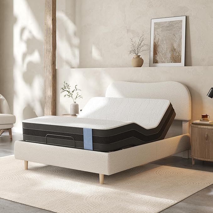 FLEXISPOT Queen All-in-One Adjustable Bed with 10" Cooling Gel Memory Foam Mattress, Boucle Bed Frame, Head & Foot Incline, Adjustable Headboard, Thick Padding, 10-Year Warranty, White