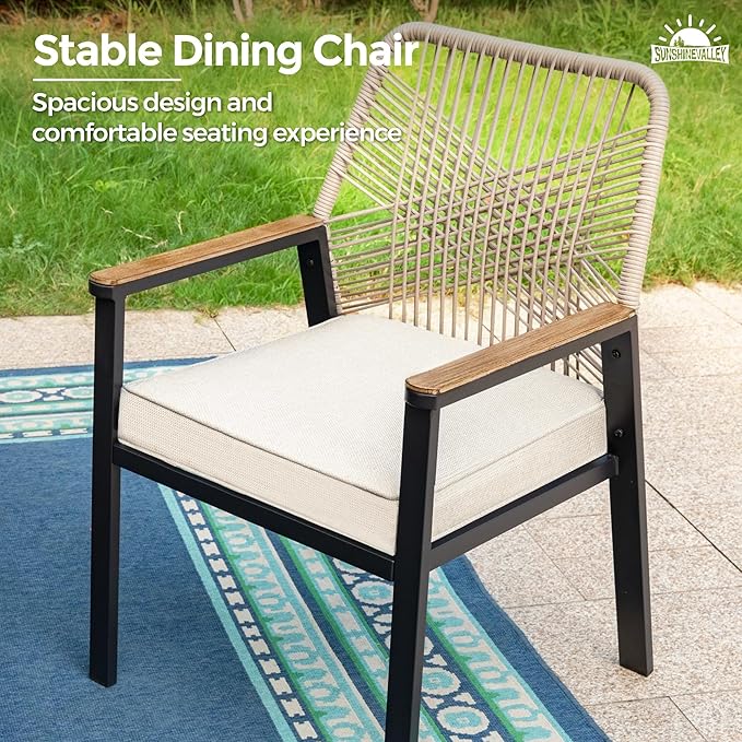 Patio Dining Chairs Set of 2, Heavy-Duty Woven Rope Outdoor Chairs with Waterproof Cushion and Wrought Iron Frame, All-Weather Outside Seating for Kitchen Garden Deck Backyard