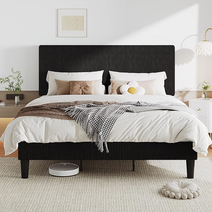 Allewie King Size Upholstered Bed Frame with Vertical Channel Tufted Headboard, Soft Corduroy Fabric Platform Bed, Strong Wooden Slats Support, Easy Assembly, No Box Spring Needed, Black
