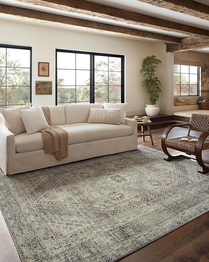 Loloi Magnolia Home by Joanna Gaines Sinclair Collection SIN-04 Natural/Sage 7'-6" x 9'-6", .25" Pile Height, Machine Washable, Area Rug