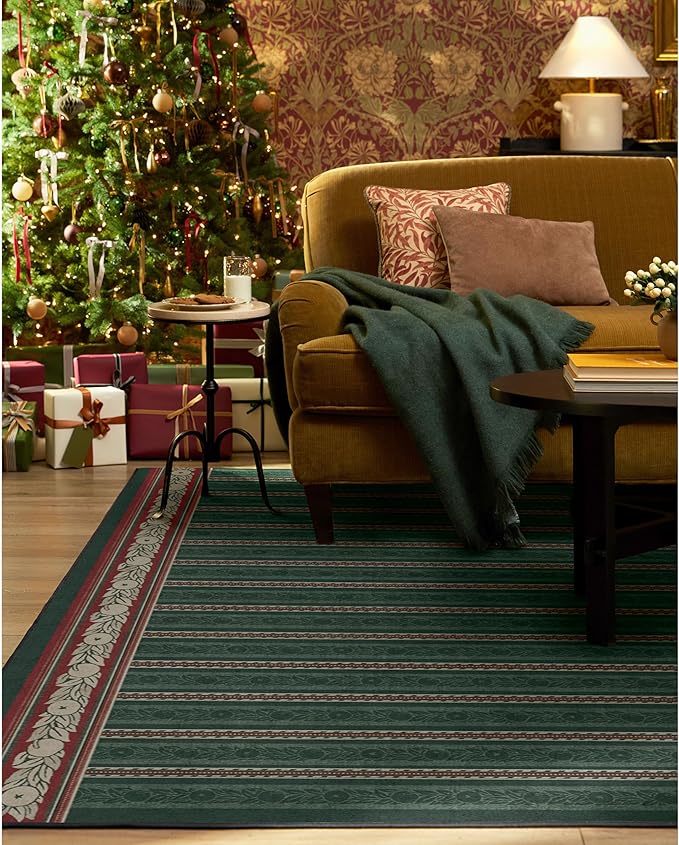 RUGGABLE x Morris & Co Machine Washable Area Rug – Fruit Stripe Spruce Green 2x3, Stain-Resistant, Non-Slip – Small Rugs for Living Room, Bedroom, Hallway, Entryway & Bathroom–with Standard Pad