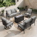 PHI VILLA Patio Conversation Set with Fire Pit, 7 Seat with 45" Firepit Table, Swivel & Fixed, Grey