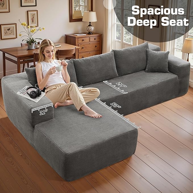 106" Cloud Sectional Couch with Chaise Lounge,L Shaped Modular Modern Sofa,Comfy Corduroy Fluffy Couches with Deep Seat,No Assembly Required Couch for Living Room(Left,Stripe Corduroy,Gray)