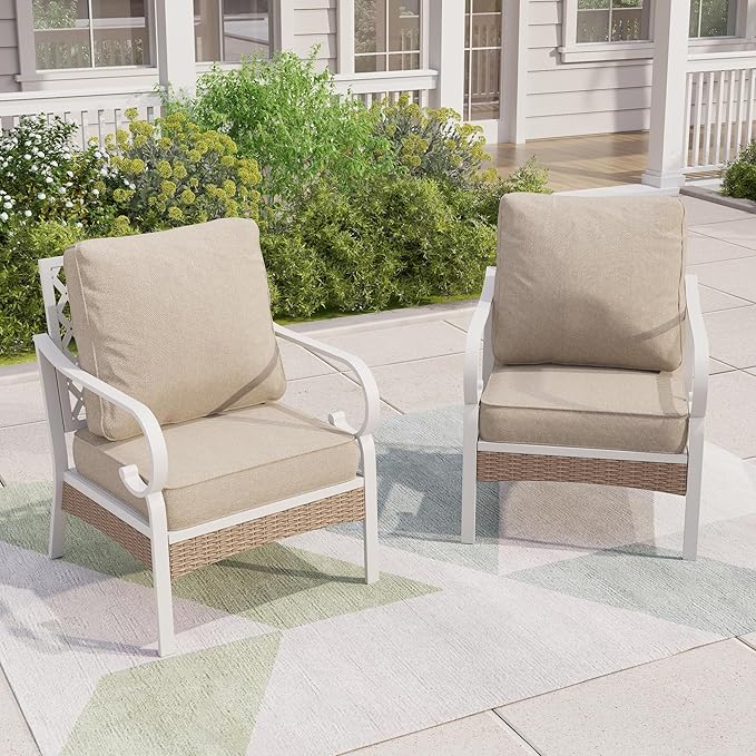 Outdoor Patio Leg Sofa Chairs Set of 2 Steel Frame Porch Furniture with Deep Seating and 5.5" Cushions for Lawn Backyard Deck, Beige
