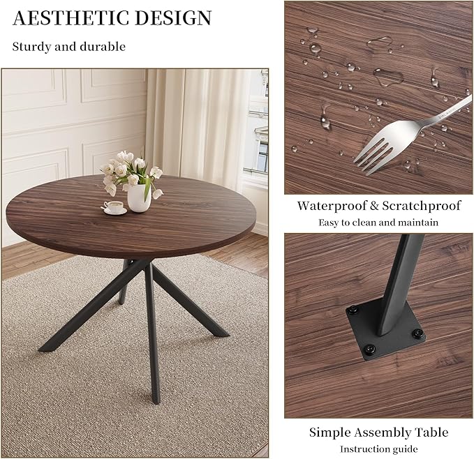 45.3 Inch Round Dining Table Set for 4, Mid Century Modern MDF Coffee Set for Dining Room Kitchen Apartment (Dark Walnut Table + 4 U-Shaped Black Chairs)
