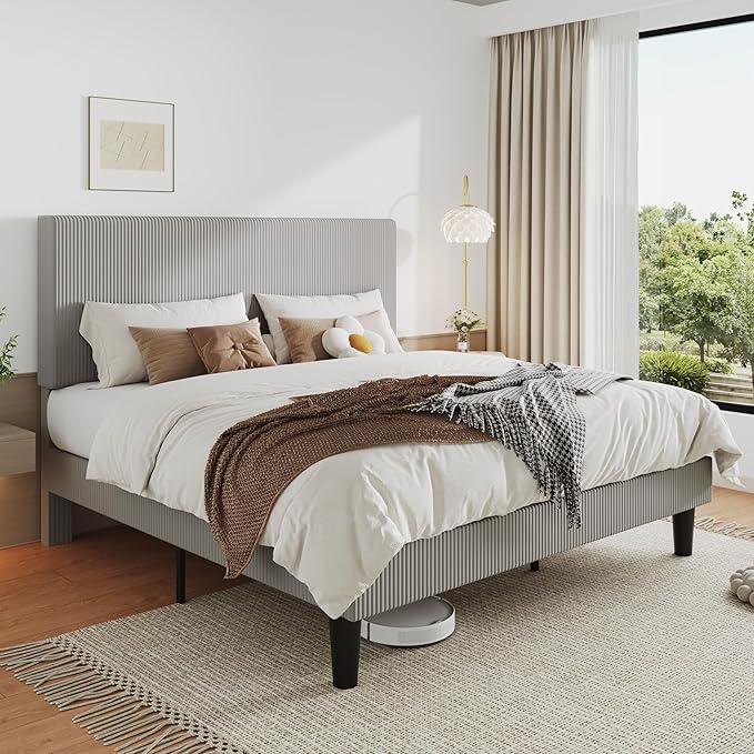 Allewie King Size Upholstered Bed Frame with Vertical Channel Tufted Headboard, Soft Corduroy Fabric Platform Bed, Strong Wooden Slats Support, Easy Assembly, No Box Spring Needed, Light Grey