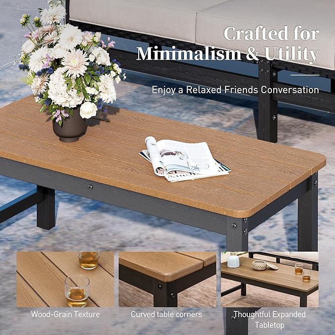HDPE Outdoor Patio Furniture 3-Piece Set, All Weather Modern Patio Conversation Sets with Wood-grain Extended Table, Outdoor Patio Couch Set, Black Frame with Beige 4.7" Thick Cushions