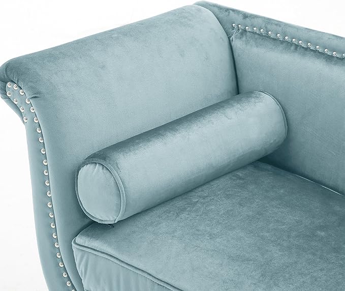 Christopher Knight Home Aurora Velvet Chaise Lounge Indoor with 2 Bolster Pillows, Upholstery Entryway Bench with Nailhead Trim & Curved Arms, End of Bed Bench Ottoman and Wooden Legs, Light Blue