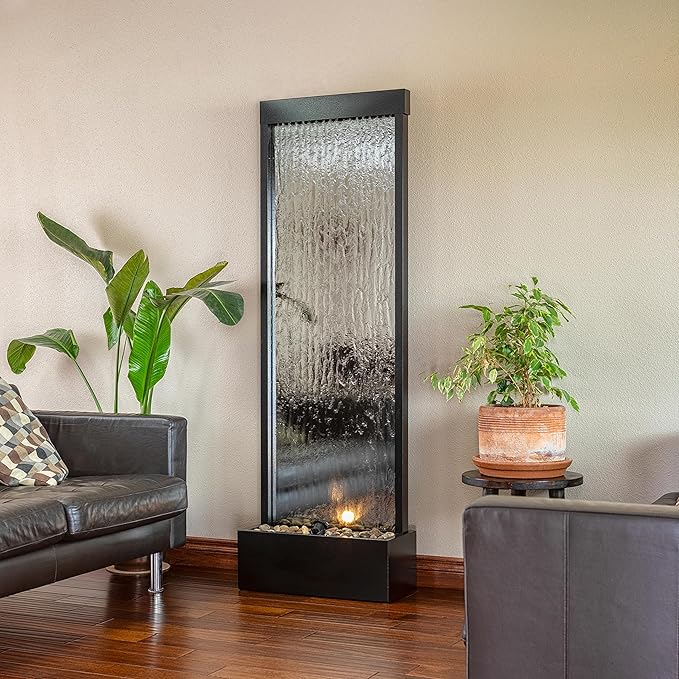 Alpine Corporation Mirror Waterfall Fountain with Stones and Lights - Zen Indoor/Outdoor Decor for Office, Living Room, Patio, Entryway - 72 Inches