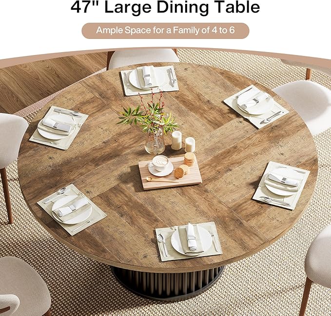 Tribesigns Round Dining Table for 4-6, 47-Inch Modern Circle Kitchen Table with Fluted Round Base, Farmhouse Wood Dinner Table for Dining Room, Kitchen, Living Room, Brown and Black