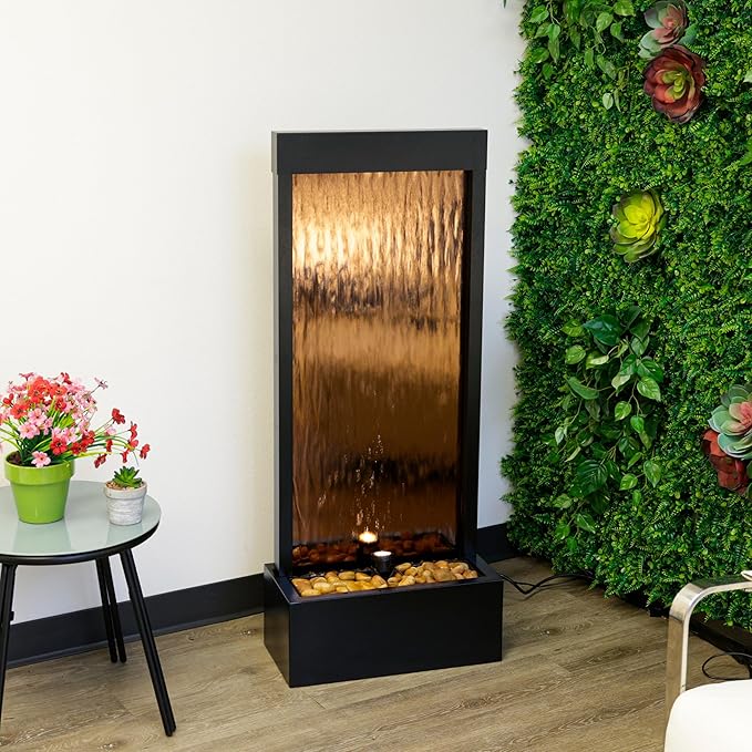 Alpine Corporation - Mirror Waterfall Fountain with Stones & Lights - Zen Indoor/Outdoor Decor for Office, Living Room, Patio, Entryway - 48 Inches (Bronze)
