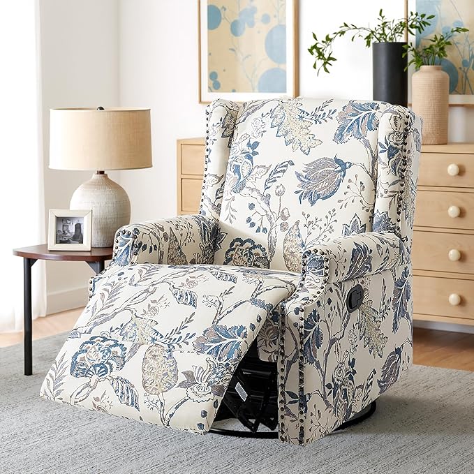 Swivel Glider Recliner Chairs Set of 2, High Back Rocker Reclining Accent Chair with Smooth Manual Mechanism for Nursery, Comfortable & Quiet Upholstered Armchair Seating-Bule Plant