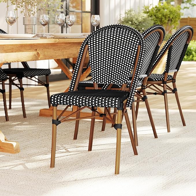 Martha Stewart Lily Pond Indoor-Outdoor Stackable Bistro Chairs with Natural Woodgrain Aluminum Frame Finish, Black/White Woven Rattan Backrests/Seats, Set of 2