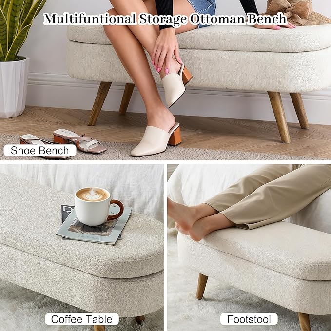 Storage Ottoman Bench 43" Ottoman Bench for Bedroom, Upholstered Boucle Fabric Footrest End of Bed with Safety Hinge Solid Wood Legs Foot Stool Storages Benches for Living Room Entryway, Beige