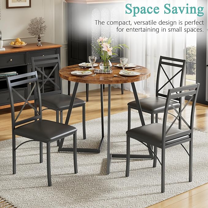VECELO 35" Round Dining Table for 4, Wood-Grain Tabletop & Heavy-Duty Steel Frame, for Kitchen, Living Room, Easy Assembly, Antique Brown