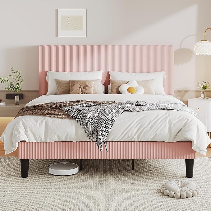 Allewie King Size Upholstered Bed Frame with Vertical Channel Tufted Headboard, Soft Corduroy Fabric Platform Bed, Strong Wooden Slats Support, Easy Assembly, No Box Spring Needed, Light Pink