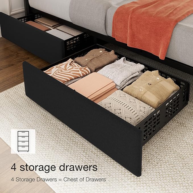 Garvee Full Size Bed Frame with 4 Storage Drawers, Adjustable Height Headboard, Linen Upholstered Platform Bed Frame, No Box Spring Needed, Easy Assembly, Black