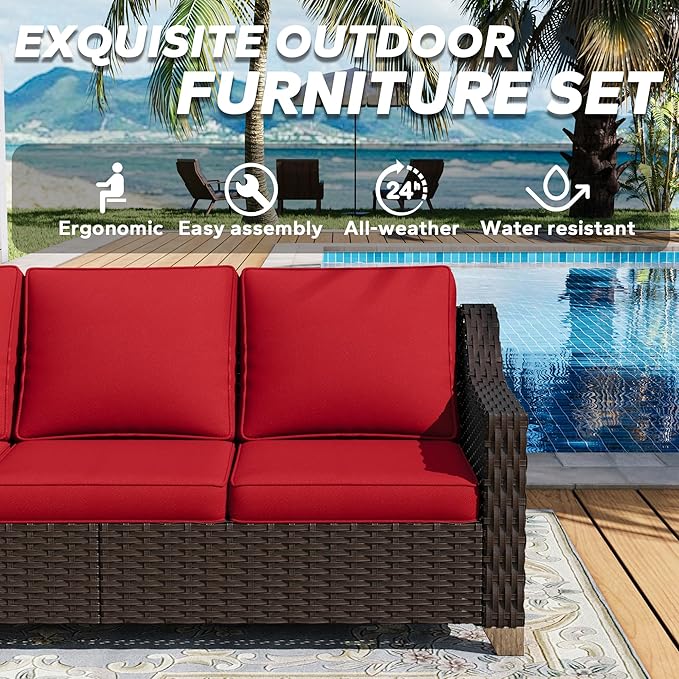 77'' Patio Sofa, All Weather Outdoor Rattan Wicker 3-Seat Sofa High Back Couch with Premium Cushions for Garden Backyard Porch(Brown/Red)