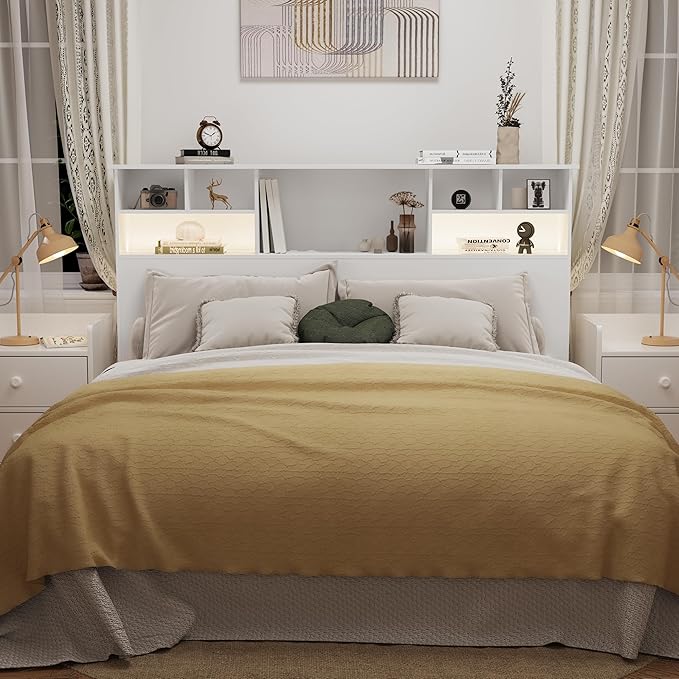 Queen/Full Size Headboard Only for Bedroom, Wood Bookcase Headboard with Charging Station & 2 LED Lights, Stylish Headboards for Queen Size Bed, Noise-Free HeadBoard with Storage, White