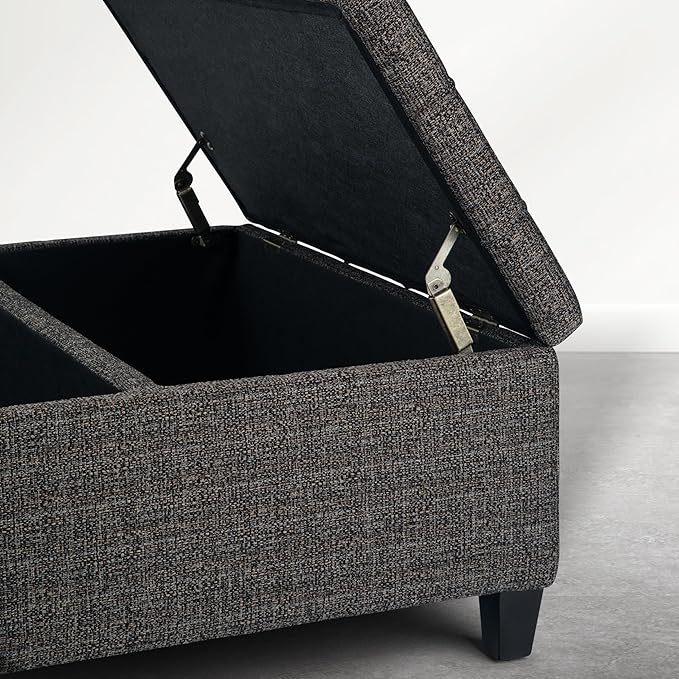 SIMPLIHOME Harrison Coffee Table Storage Ottoman - 36 inch Wide Upholstered Tweed Look Fabric Square Ottoman in Warm Dark Charcoal Melange, Transitional Ottoman for Living Room with Split Lift-Up Lid