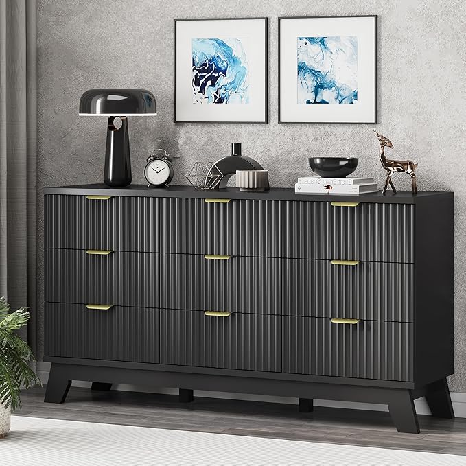 Fluted Dresser for Bedroom with 9 Drawers, 57" Wide Chest of Drawers with Metal Handle, Modern Wood Dresser TV Stand, Wooden Closet Clothes Storage Organizer for Living Room, Hallway, Black