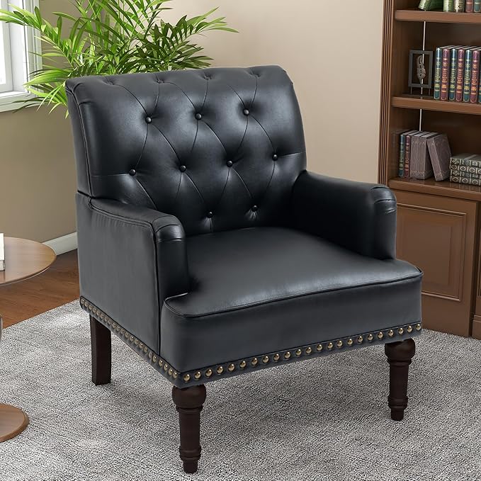 Pia Ricco PU Leather Accent Chairs 2 Pack - Modern Armchairs with Wooden Legs, Office Living Room Bedroom Seating Set-Black