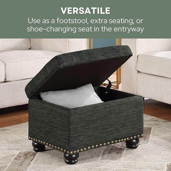Convenience Concepts Designs4Comfort 5th Avenue Upholstered Storage Ottoman 24" - Contemporary Foot Stool and Seat with Hinged Lid for Living Room, Dining Room, Office, Den, Dark Charcoal Gray Fabric