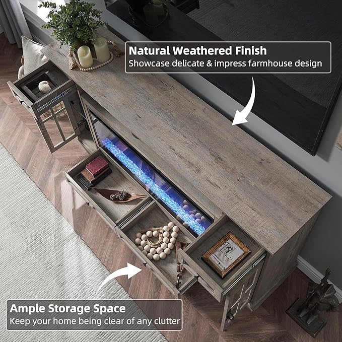 OKD Fireplace TV Stand for 80 Inch TV, Farmhouse Entertainment Center with 42" Fireplace & LED Lights, Modern Media Console Table with Storage Drawers & Cabinets for Living Room, Light Rustic Oak