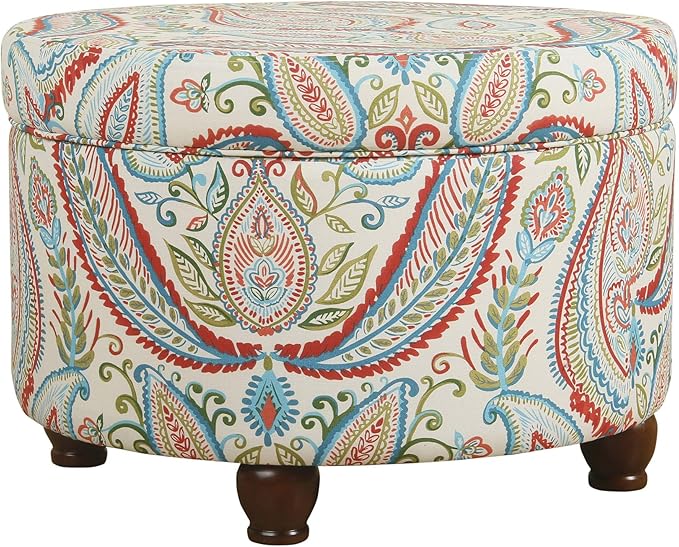 Homepop Home Decor | Upholstered Round Storage Ottoman | Ottoman with Storage for Living Room & Bedroom, Dark Bold Paisley
