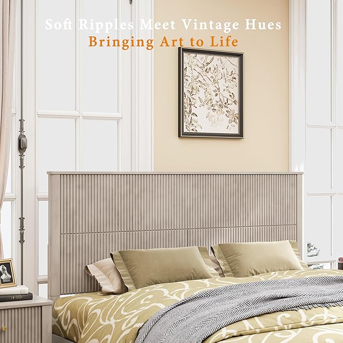 King Size Solid Wood Platform Bed Frame, Solid Wood Bed with 79.13" Headboard, Solid Wood Leg/No Box Spring Needed/Noise Free/Beige