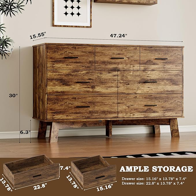 Dresser for Bedroom with 7-Drawer, 47.2" Wide Modern Chest of Drawers with Metal Handles, X-Shape Base & Adjustable Center Leg, Anti-Tip Closet Organizers and Storage