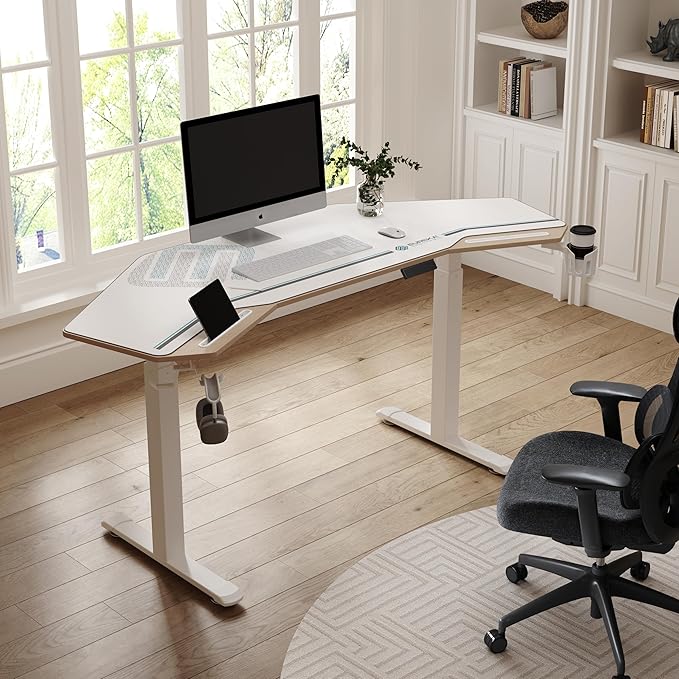EUREKA ERGONOMIC Standing Desk, 72" Electric Adjustable Height Desk,Wing Shaped Computer Desk Large Music Studio Table, Dual Motor&Slot, Maple