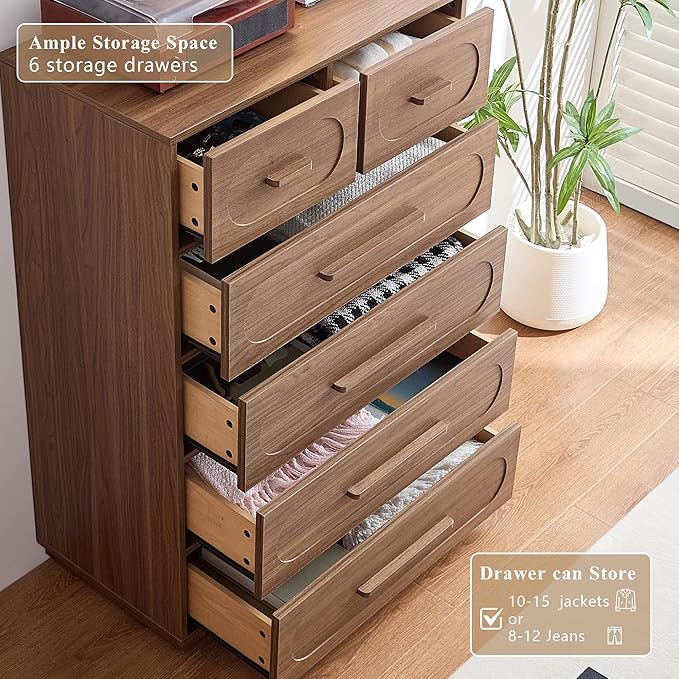 Walnut 6 Drawer Dresser for Bedroom, 44" Tall Dressers & Chest of Drawers w/Solid Wood Handle, Wood Mid Century Closet Organizers and Storage Cabinet for Bedroom, Living Room, Hallway, Walnut