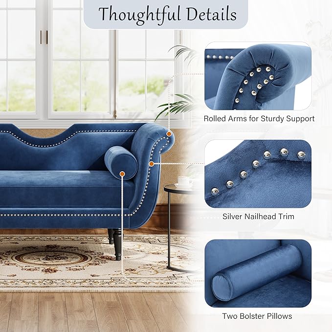 Christopher Knight Home Aurora Velvet Chaise Lounge Indoor with 2 Bolster Pillows, Upholstery Entryway Bench with Nailhead Trim & Curved Arms, End of Bed Bench Ottoman and Wooden Legs, Dark Blue