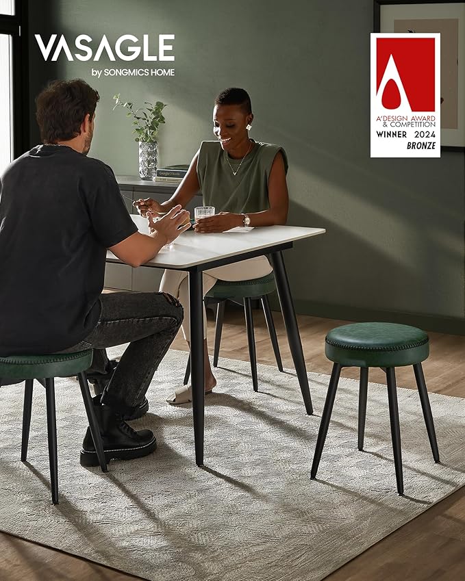 VASAGLE EKHO Collection - Dining Chairs Stools Set of 4, Upholstered Kitchen Chairs, Vanity Stools, Synthetic Leather with Stitching, Mid-Century Modern, 19-Inch Tall, Easy Assembly, Forest Green