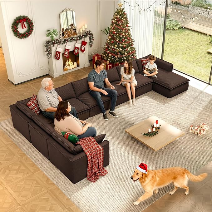Vesgantti 141.7" Oversized Boneless Sectional Couch, 7 Seater Modular Sofa with Chaise & Ottoman & Armrest, Deep Seat Corduroy Cloud Couches for Living Room, No Assembly Required, Dark Brown
