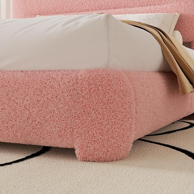 Full Size Cloud Bed Frame, Upholstered Boucle Platform Bed with Adjustable Headboard, Anti-Collision Soft Rounded Corners, Noise Free, Easy Assembly, Pink